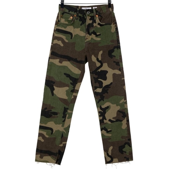 RE/DONE NWT HIGH RISE STOVE PIPE CAMO JEANS LUXURY DESIGNER UPCYCLE BRAND - Picture 1 of 14